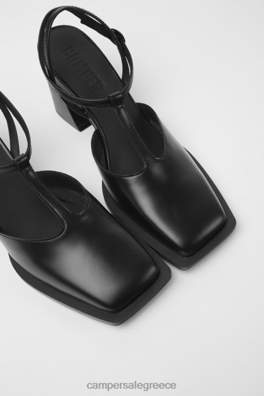 Karole Black Leather T-Bar Shoes For Women New Arrivals Camper V20TF75 Black